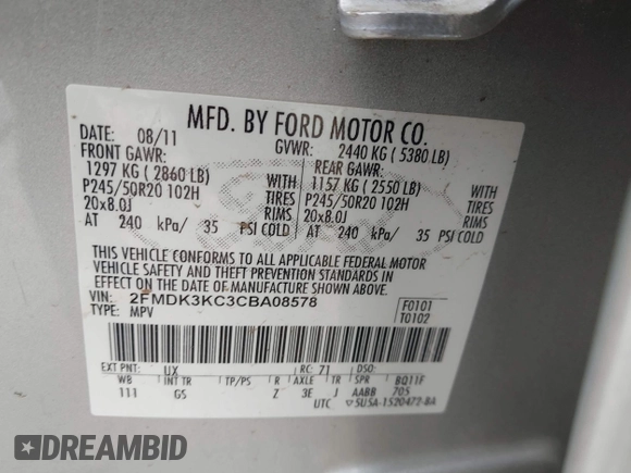 2012 Ford Edge Limited with VIN 2FMDK3KC3CBA08578, listed as a IAAI auction lot 41900504 with 114,961 mi miles. Bid and sale history available at carsss.com. Image 9.