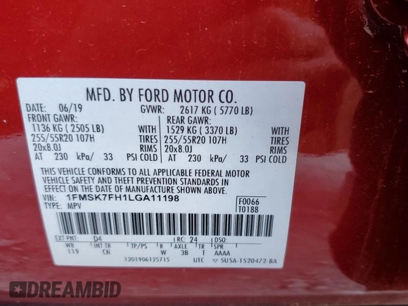 2020 Ford Explorer Limited с VIN 1FMSK7FH1LGA11198, выставлен на аукционе Copart как лот 54845545 с пробегом 54 974 миль миль и Списание • Salvage title. История ставок и продаж доступна на DreamBid. Изображение 14.