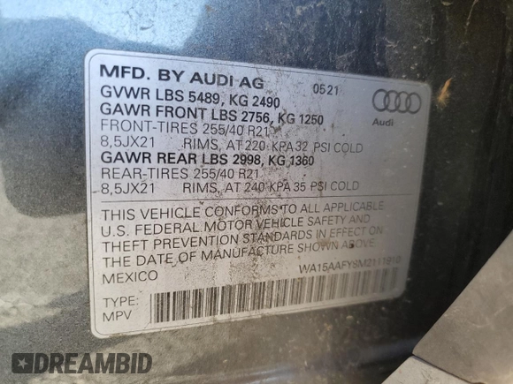 2021 Audi Q5 Sportback Premium Plus with VIN WA15AAFY8M2111910, listed as a Copart auction lot 46950345 with 79,594 mi miles and Salvage title. Bid and sale history available at DreamBid. Image 13.