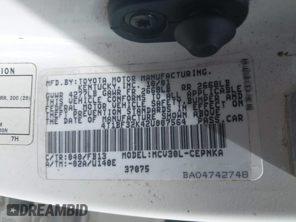 2002 Toyota Camry XLE z VIN 4T1BF32K42U007564, wystawiony jako IAAI lot #42534864 z przebiegiem 133 850 mil mil oraz . Historia ofert i sprzedaży dostępna na DreamBid. Obrazek 9.