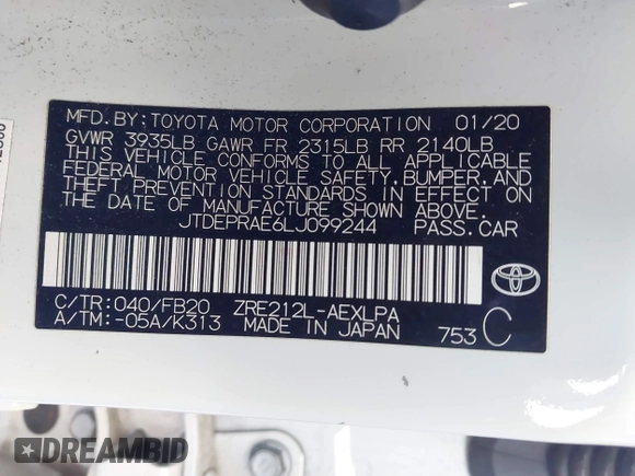 2020 Toyota Corolla LE with VIN JTDEPRAE6LJ099244, listed as a IAAI auction lot 41818840 with 80,429 mi miles and . Bid and sale history available at DreamBid. Image 9.