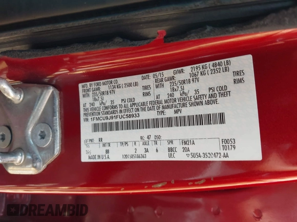2015 Ford Escape Titanium z VIN 1FMCU9J91FUC58933, wystawiony jako IAAI lot #42583736 z przebiegiem 147 359 mil mil oraz . Historia ofert i sprzedaży dostępna na DreamBid. Obrazek 9.