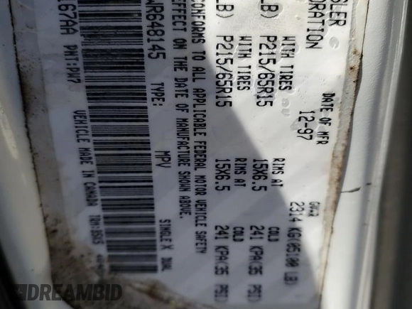 1998 Dodge Caravan SE with VIN 2B4GP4539WR648145, listed as a Copart auction lot 82370494 with Not Provided miles and Salvage Title. Bid and sale history available at DreamBid. Image 13.