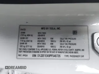 2023 Tesla Model 3 with VIN 5YJ3E1EA9PF548726, listed as a IAAI auction lot 42345157 with 30,647 mi miles and . Bid and sale history available at DreamBid. Image 9.