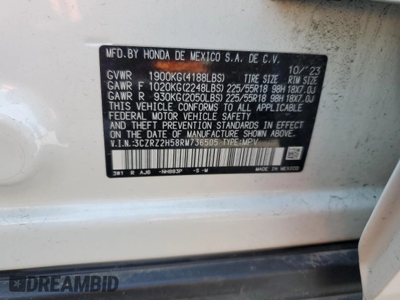 2024 Honda HR-V Sport with VIN 3CZRZ2H58RM736505, listed as a Copart auction lot 56490425 with 13,256 mi miles and Salvage title. Bid and sale history available at DreamBid. Image 13.