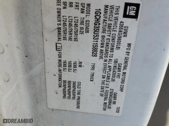 2003 Chevrolet Express Cargo Van with VIN 1GCHG35U531158828, listed as a Copart auction lot 46955195 with 316,919 mi miles and Salvage Title. Bid and sale history available at carsss.com. Image 14.