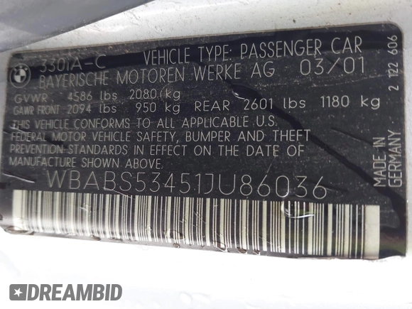 2001 BMW 3 Series 330Ci with VIN WBABS53451JU86036, listed as a IAAI auction lot 41427182 with 182,646 mi miles. Bid and sale history available at carsss.com. Image 9.