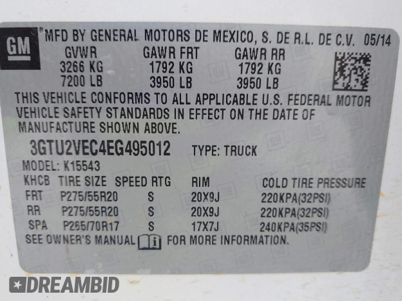 2014 GMC Sierra 1500 SLT with VIN 3GTU2VEC4EG495012, listed as a IAAI auction lot 42126799 with 271,770 mi miles and . Bid and sale history available at DreamBid. Image 9.