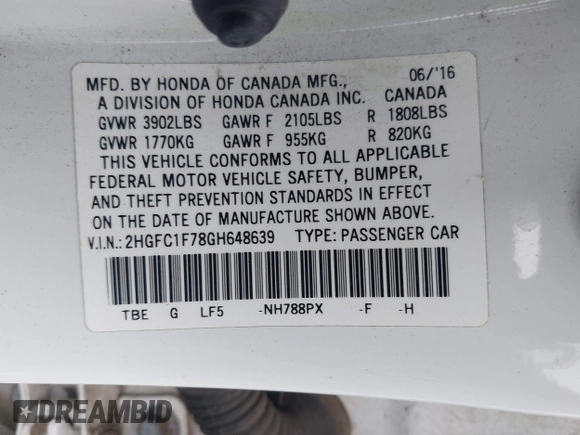 2016 Honda Civic Sedan EX-L with VIN 2HGFC1F78GH648639, listed as a IAAI auction lot 41895039 with 121,072 mi miles. Bid and sale history available at carsss.com. Image 9.
