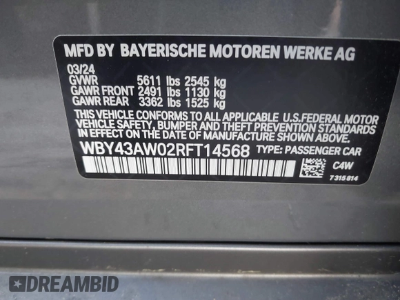 2024 BMW i4 eDrive35 with VIN WBY43AW02RFT14568, listed as a IAAI auction lot 41694722 with 2,338 mi miles. Bid and sale history available at carsss.com. Image 9.