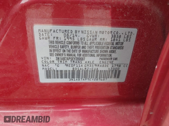 2014 Nissan Sentra SV with VIN 3N1AB7AP9EY289687, listed as a IAAI auction lot 42326516 with 72,147 mi miles and . Bid and sale history available at DreamBid. Image 9.