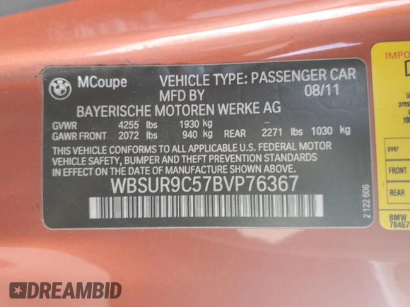 2011 BMW 1 Series M z VIN WBSUR9C57BVP76367, wystawiony jako Copart lot #48887725 z przebiegiem Nie podano mil oraz Szkoda całkowita • Salvage title. Historia ofert i sprzedaży dostępna na DreamBid. Obrazek 13.