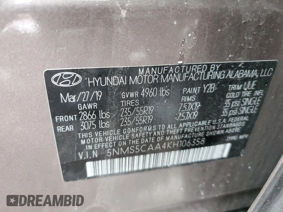 2019 Hyundai Santa Fe Limited z VIN 5NMS5CAA4KH106358, wystawiony jako Copart lot #88257465 z przebiegiem 141 658 mil mil oraz Szkoda całkowita • Salvage title. Historia ofert i sprzedaży dostępna na DreamBid. Obrazek 13.