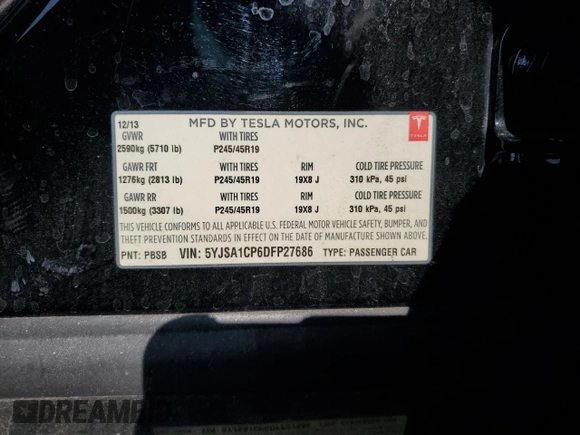 2013 Tesla Model S Performance z VIN 5YJSA1CP6DFP27686, wystawiony jako Copart lot #65083215 z przebiegiem Nie podano mil oraz Szkoda całkowita • Salvage title. Historia ofert i sprzedaży dostępna na DreamBid. Obrazek 13.