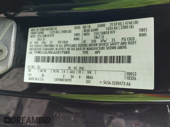 2018 Ford Escape Titanium with VIN 1FMCU0J90JUD17085, listed as a IAAI auction lot 41699687 with Not provided miles and . Bid and sale history available at DreamBid. Image 9.