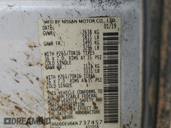 2019 Nissan Frontier SV with VIN 1N6DD0EV6KN737457, listed as a Copart auction lot 57031825 with 95,686 mi miles and Salvage title. Bid and sale history available at DreamBid. Image 13.