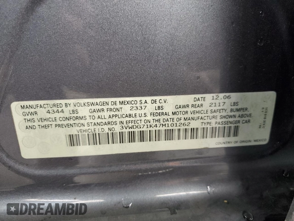 2007 Volkswagen Jetta z VIN 3VWDG71K47M101262, wystawiony jako Copart lot #51469695 z przebiegiem 241 174 mil mil oraz Szkoda całkowita • Salvage title. Historia ofert i sprzedaży dostępna na DreamBid. Obrazek 12.
