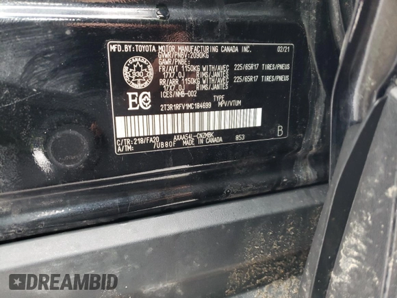 2021 Toyota RAV4 with VIN 2T3R1RFV1MC184699, listed as a Copart auction lot 45277215 with 184,153 mi miles and Non repairable. Bid and sale history available at DreamBid. Image 14.