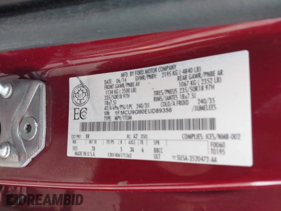 2014 Ford Escape SE with VIN 1FMCU9G90EUD89356, listed as a IAAI auction lot 41841229 with 148,997 mi miles and . Bid and sale history available at carsss.com. Image 9.