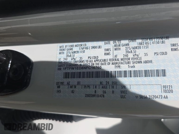 2022 Ford F-150 XL с VIN 1FTFW1ED8NFC16760, выставлен на аукционе IAAI как лот 42681568 с пробегом 52 465 миль миль и . История ставок и продаж доступна на DreamBid. Изображение 1.