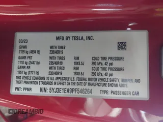 2023 Tesla Model 3 with VIN 5YJ3E1EA9PF546264, listed as a IAAI auction lot 41657055 with 5,634 mi miles and . Bid and sale history available at DreamBid. Image 9.