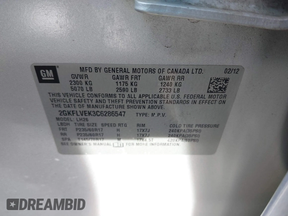 2012 GMC Terrain SLT-1 with VIN 2GKFLVEK3C6286547, listed as a IAAI auction lot 41527480 with 170,280 mi miles. Bid and sale history available at carsss.com. Image 9.