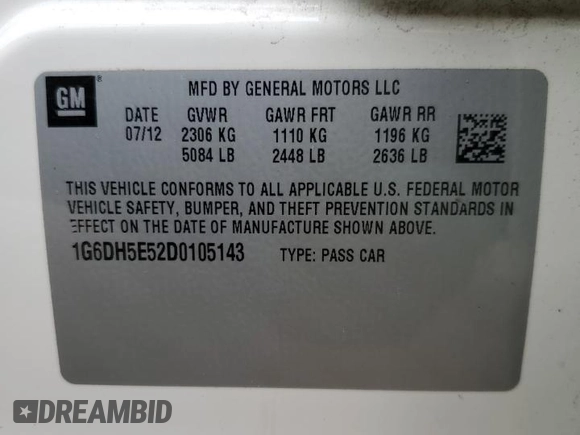 2013 Cadillac CTS Luxury with VIN 1G6DH5E52D0105143, listed as a Copart auction lot 88317345 with 50,077 mi miles and Salvage title. Bid and sale history available at DreamBid. Image 12.
