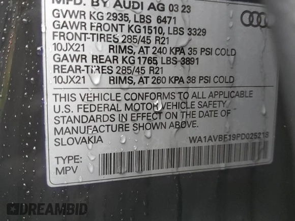 2023 Audi Q8 Premium with VIN WA1AVBF19PD025218, listed as a Copart auction lot 85135624 with 13,781 mi miles and Salvage title. Bid and sale history available at DreamBid. Image 13.