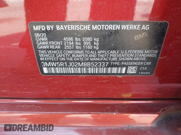 2021 BMW 3 Series 330i with VIN 3MW5R1J02M8B52337, listed as a IAAI auction lot 41610136 with 1 mi miles. Bid and sale history available at carsss.com. Image 9.