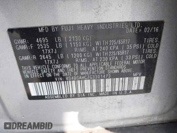 2016 Subaru Outback Premium with VIN 4S4BSAHC7G3301473, listed as a IAAI auction lot 42573979 with 96,190 mi miles and . Bid and sale history available at DreamBid. Image 9.