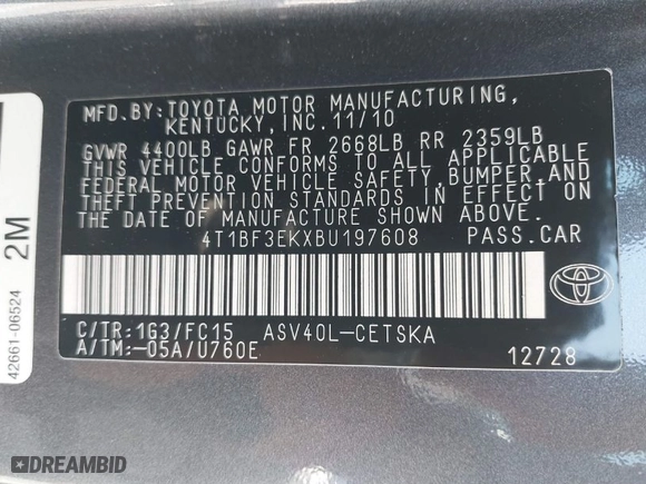 2011 Toyota Camry LE with VIN 4T1BF3EKXBU197608, listed as a IAAI auction lot 41848207 with 131,676 mi miles. Bid and sale history available at carsss.com. Image 9.