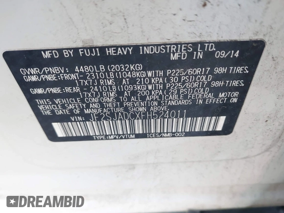 2015 Subaru Forester Premium with VIN JF2SJADCXFH524011, listed as a IAAI auction lot 42181168 with 195,654 mi miles and . Bid and sale history available at DreamBid. Image 9.