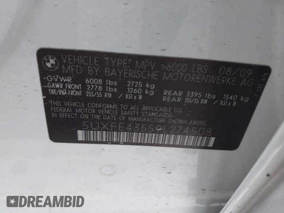 2009 BMW X5 30i with VIN 5UXFE43559L274508, listed as a IAAI auction lot 42123256 with 137,374 mi miles. Bid and sale history available at carsss.com. Image 9.