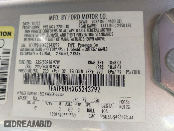 2016 Ford Mustang EcoBoost Premium with VIN 1FATP8UHXG5243292, listed as a IAAI auction lot 42315552 with 106,753 mi miles and . Bid and sale history available at DreamBid. Image 9.