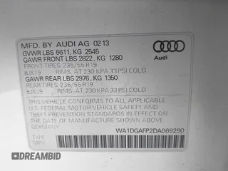 2013 Audi Q5 Premium Plus with VIN WA1DGAFP2DA069290, listed as a IAAI auction lot 42294476 with 123,515 mi miles and . Bid and sale history available at DreamBid. Image 9.