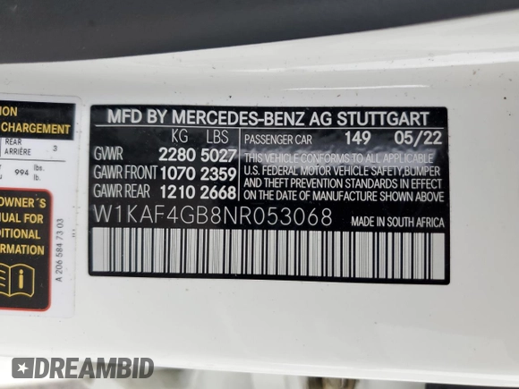 2022 Mercedes-Benz C 300 z VIN W1KAF4GB8NR053068, wystawiony jako Copart lot #57099215 z przebiegiem 32 308 mil mil oraz Szkoda całkowita • Salvage title. Historia ofert i sprzedaży dostępna na DreamBid. Obrazek 12.