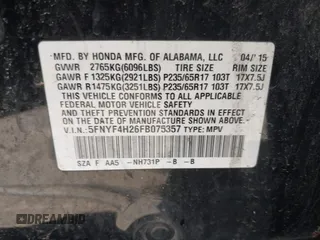 2015 Honda Pilot LX with VIN 5FNYF4H26FB075357, listed as a IAAI auction lot 41815967 with 192,422 mi miles. Bid and sale history available at carsss.com. Image 9.