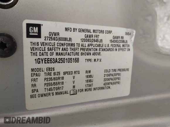 2005 Cadillac SRX with VIN 1GYEE63A250105168, listed as a IAAI auction lot 41539690 with 192,764 mi miles. Bid and sale history available at carsss.com. Image 9.
