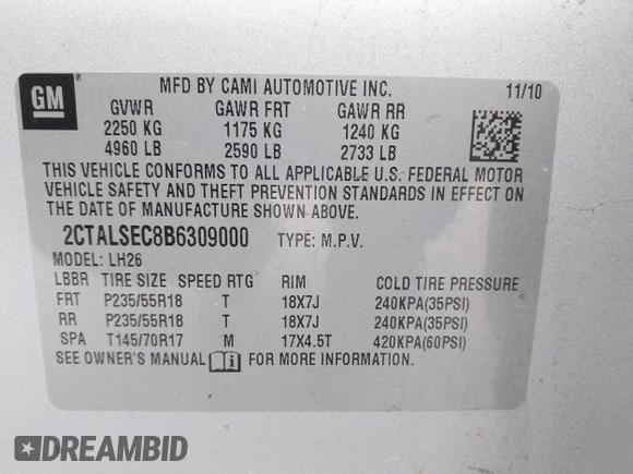 2011 GMC Terrain SLE-2 with VIN 2CTALSEC8B6309000, listed as a IAAI auction lot 41688119 with 147,620 mi miles. Bid and sale history available at carsss.com. Image 9.