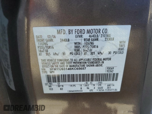 2006 Ford Escape XLT с VIN 1FMYU93146KC65657, выставлен на аукционе Copart как лот 52953835 с пробегом 164 012 миль миль и Списание • Salvage title. История ставок и продаж доступна на DreamBid. Изображение 15.