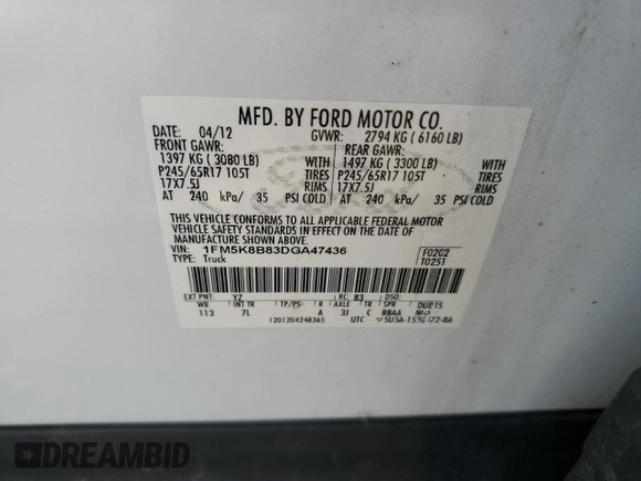 2013 Ford Explorer with VIN 1FM5K8B83DGA47436, listed as a Copart auction lot 60777175 with 79,936 mi miles and Salvage title. Bid and sale history available at DreamBid. Image 13.