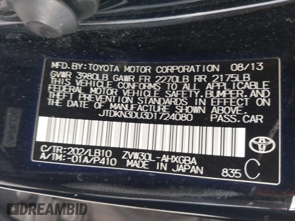 2013 Toyota Prius One with VIN JTDKN3DU3D1724080, listed as a IAAI auction lot 41726093 with 90,129 mi miles. Bid and sale history available at carsss.com. Image 9.
