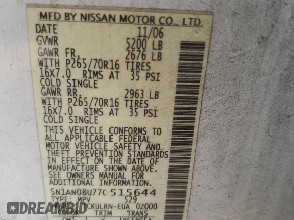 2007 Nissan Xterra SE z VIN 5N1AN08U77C515644, wystawiony jako Copart lot #55336915 z przebiegiem 248 478 mil mil oraz Szkoda całkowita • Salvage title. Historia ofert i sprzedaży dostępna na DreamBid. Obrazek 13.