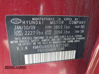 2009 Hyundai Elantra GLS with VIN KMHDU46D69U677160, listed as a IAAI auction lot 42393190 with 100,275 mi miles and . Bid and sale history available at DreamBid. Image 9.