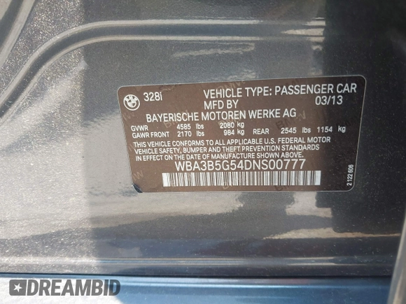 2013 BMW 3 Series 328i xDrive with VIN WBA3B5G54DNS00777, listed as a IAAI auction lot 42433605 with 196,092 mi miles and . Bid and sale history available at DreamBid. Image 9.