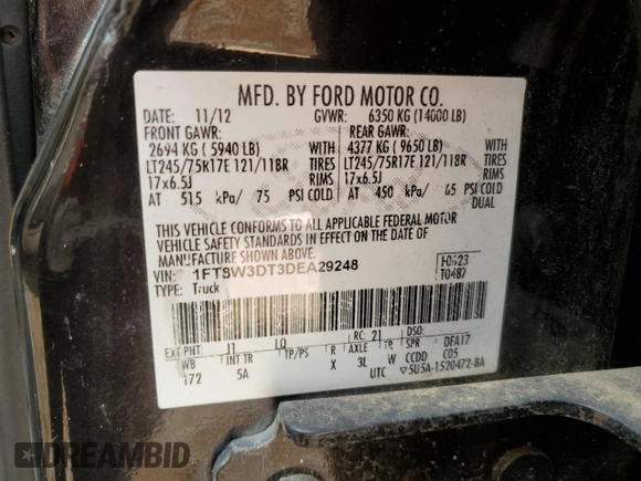 2013 Ford F-350 XL с VIN 1FT8W3DT3DEA29248, выставлен на аукционе Copart как лот 72631574 с пробегом 203 336 миль миль и Списание • Salvage title. История ставок и продаж доступна на DreamBid. Изображение 12.