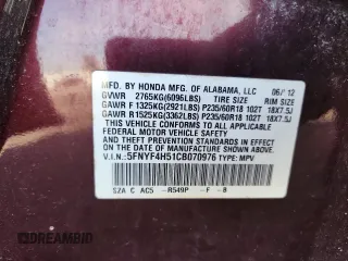 2012 Honda Pilot EX-L z VIN 5FNYF4H51CB070976, wystawiony jako Copart lot #61381305 z przebiegiem 228 572 mil mil oraz Szkoda całkowita • Salvage title. Historia ofert i sprzedaży dostępna na DreamBid. Obrazek 12.