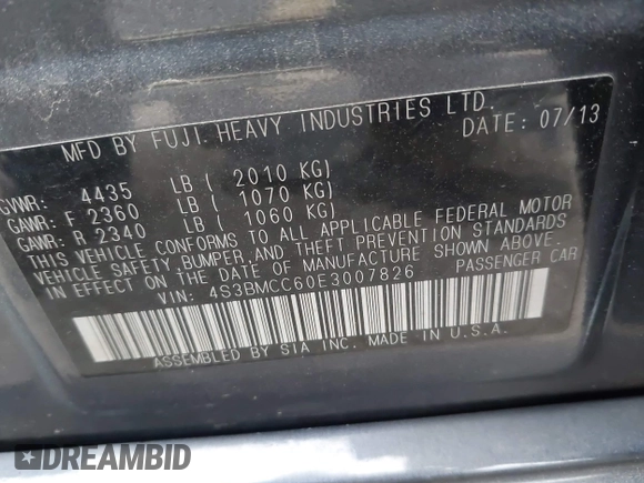 2014 Subaru Legacy Premium with VIN 4S3BMCC60E3007826, listed as a IAAI auction lot 42226490 with 169,445 mi miles and . Bid and sale history available at DreamBid. Image 9.
