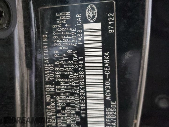 2006 Toyota Camry STD with VIN 4T1BE32K16U687481, listed as a Copart auction lot 47618375 with 211,140 mi miles and Salvage Title. Bid and sale history available at carsss.com. Image 12.