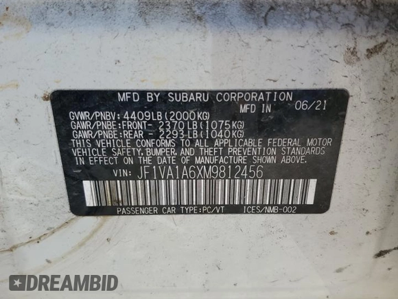 2021 Subaru WRX with VIN JF1VA1A6XM9812456, listed as a Copart auction lot 44519365 with 78,224 mi miles and Salvage Title. Bid and sale history available at carsss.com. Image 13.